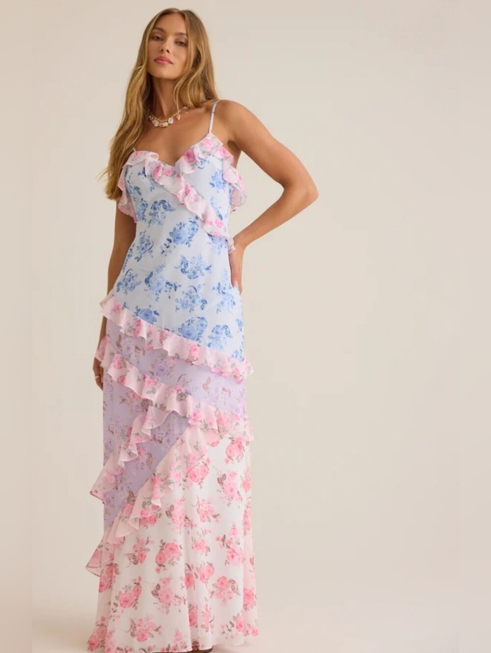 Altard State Floral Ruffle Maxi Dress - Pink & Blue Size XXS